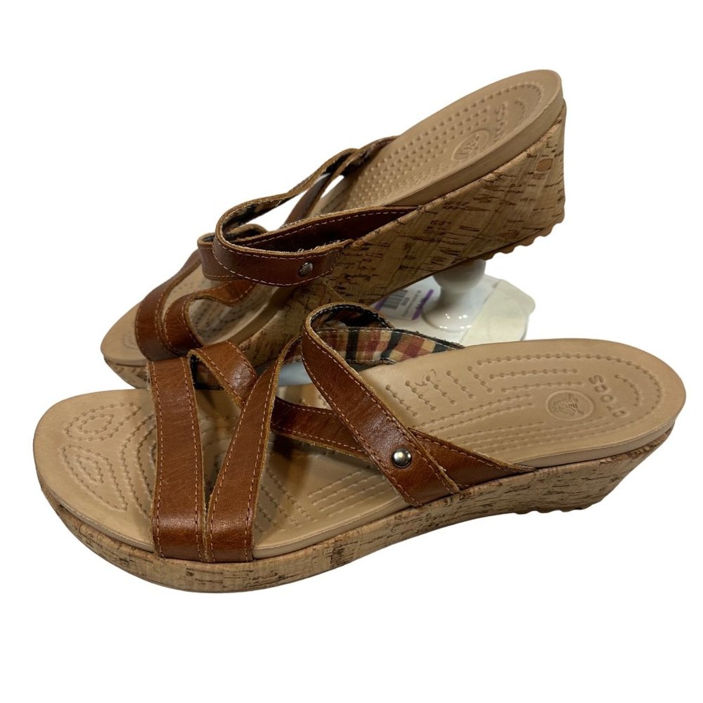 Crocs Sandals Leigh Wedge Leather Size 8 Brown